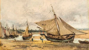 Trouville, fishing boats stranded in the channel