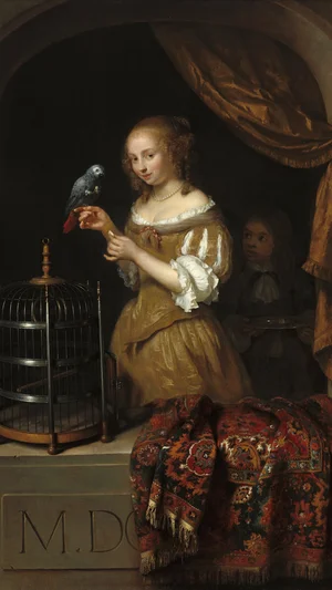 A Woman Feeding a Parrot, with a Page