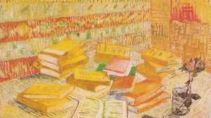 Still Life with French novels and glass with a rose