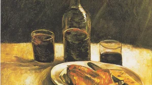 Still Life with Bottle, Two Glasses, Cheese and Bread