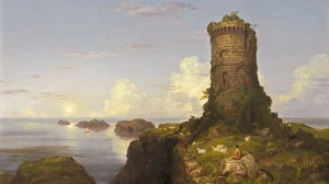 Romantische Landschaft mit verfallener Turmruine
