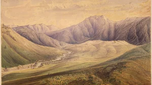 Similkameen River, view from boundary north of Camp Similkameen looking up. Tchopak mountains in the distance