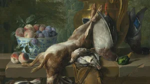 Still life of game with a bowl of plums and peaches