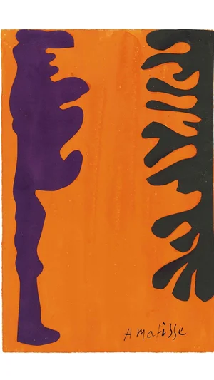 Arabesques noires et violettes sur un fond orange