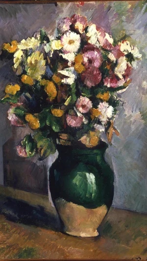 Stillleben mit Blumen in einem Olivenkrug