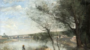 Distant View of Corbeil from behind the trees: Morning