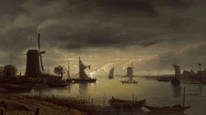 River Scene with Windmill and Boats, Evening