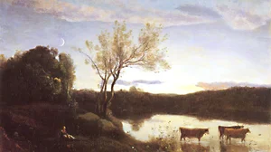 The Pond, Three Cows and a Crescent Moon