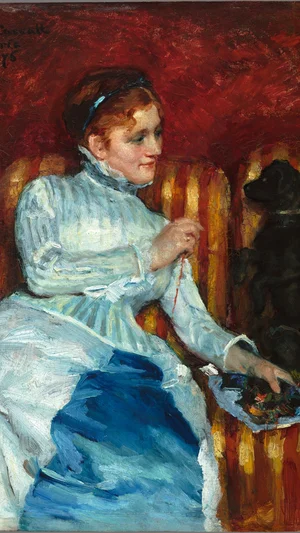 Woman on a Striped Sofa with a Dog