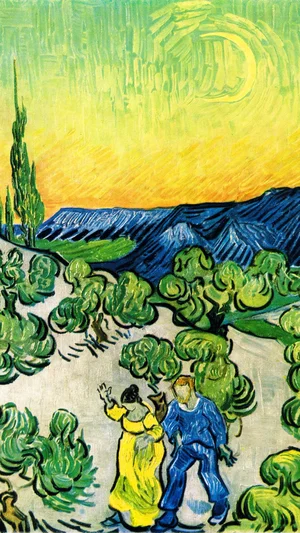Landscape with Couple Walking and Crescent Moon