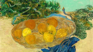 Still Life of Oranges and Lemons with Blue Gloves