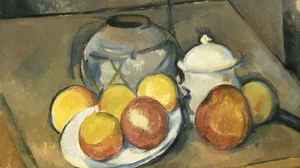 Straw-Trimmed Vase, Sugar Bowl and Apples