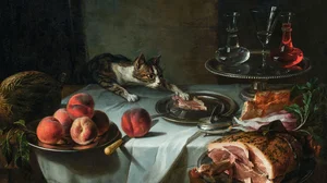 Still Life of the Remnants of a Meal with a Lunging Cat