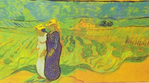 Femmes traversant les champs