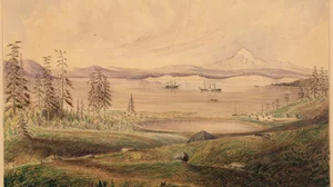 View from Hill on San Juan Island Looking South with Ships at Anchor and Mount Baker in the Distance