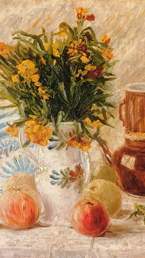 Vase with Flowers, Coffeepot and Fruit