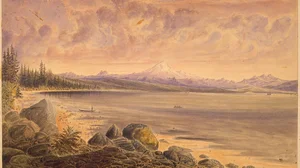 Semiahmoo Bay, from Bluff near entrance of Mud Bay with Camp Semiahmoo, Drayton's Harbor and distant view of Mt. Baker