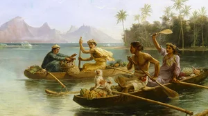 Nicholas Chevalier, Race to the market, Tahiti, 1880, óleo sobre tela