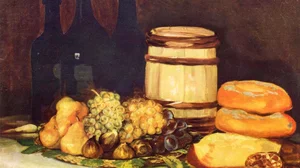 Still life with fruit, bottles, breads
