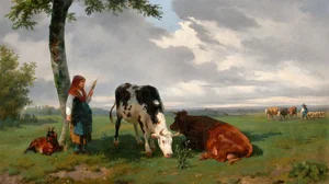 Shepherdess and Two Cows in a Meadow
