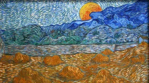 Landscape with wheat sheaves and rising moon