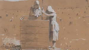 Two Girls in Sunbonnets at a Well