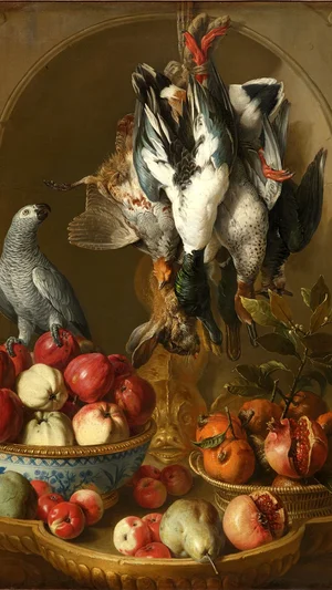 Still Life with Game Trophy, Fruit, and Parrot in a Niche Background