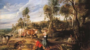 Laitières avec du bétail dans un paysage (La ferme à Laeken)