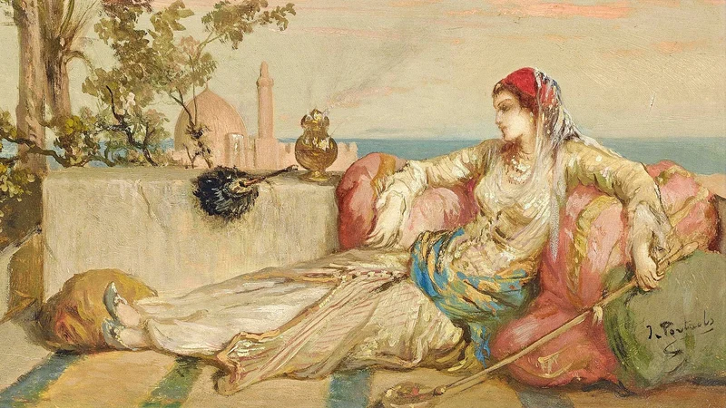 Jean Portaels — Odalisque on the Terrace at Dusk