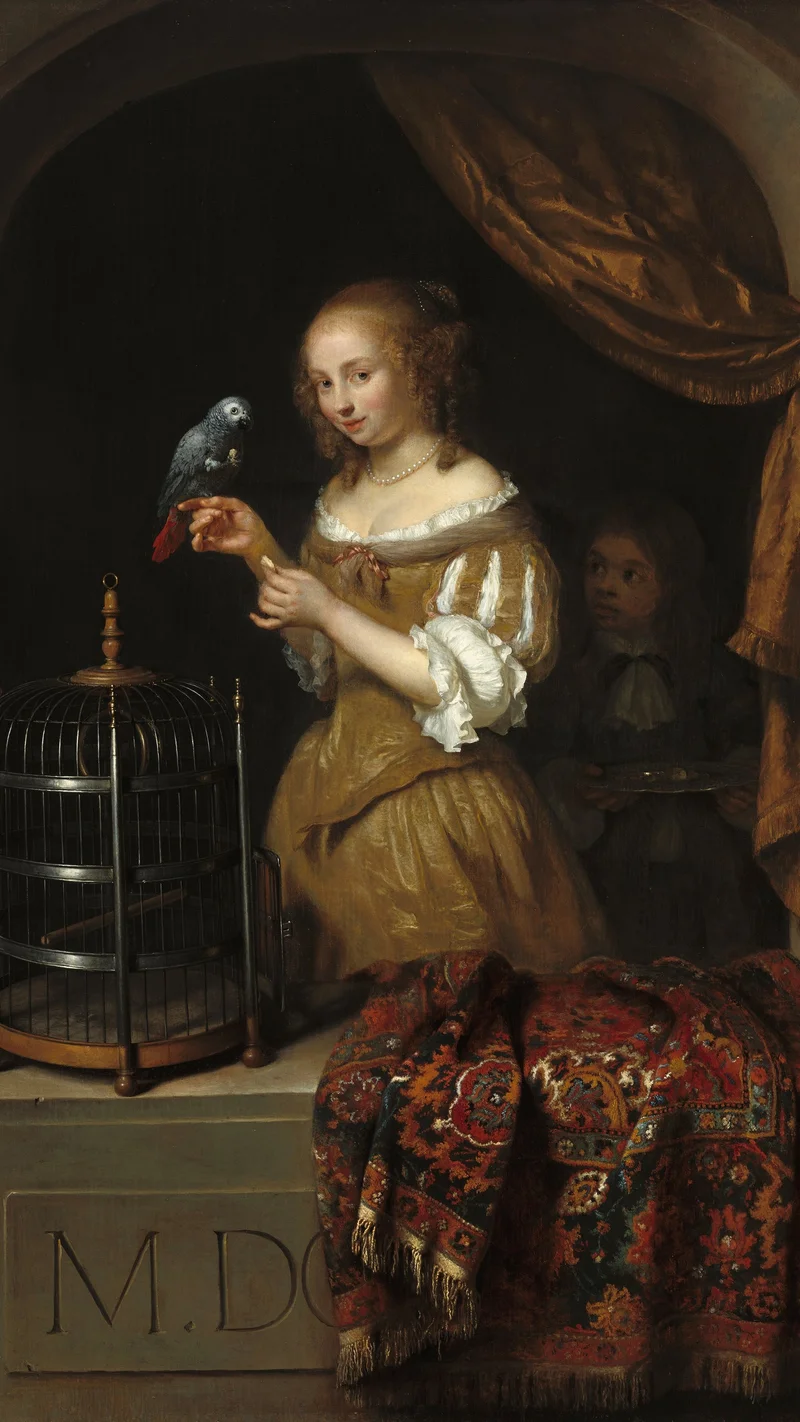 Caspar Netscher — A Woman Feeding a Parrot, with a Page