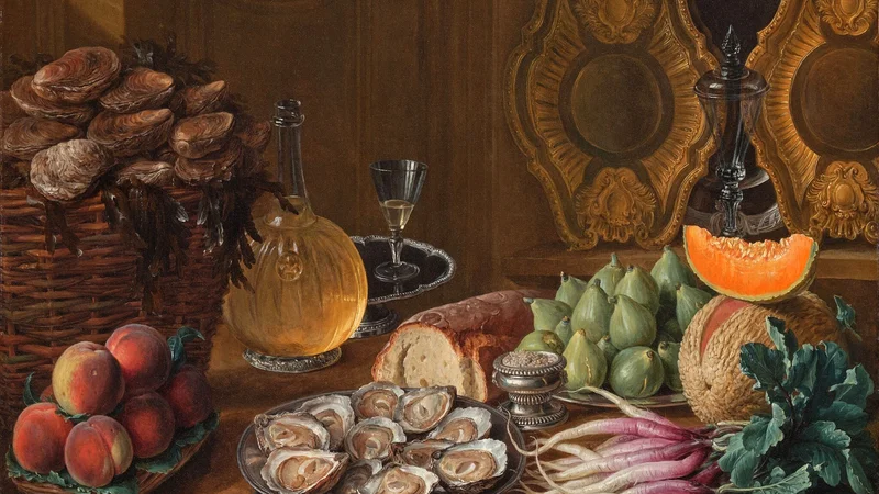 Alexandre-François Desportes — Still life with oysters, figs, peaches, radishes, and a melon with wine and gold and silver dishes on a wooden table