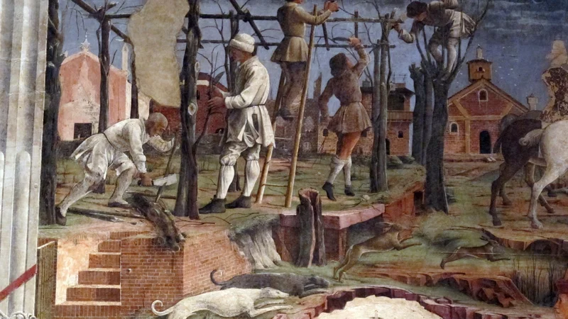 Francesco del Cossa — Allegory of March – Triumph of Minerva and Sign of Aries. Frescos in Palazzo Schifanoia (detail)