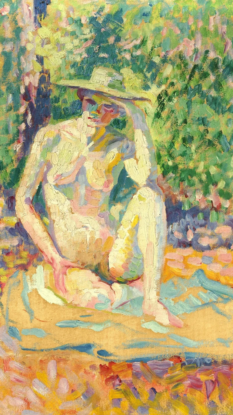 Henri-Edmond Cross — Étude pour Nymphes (Femme au chapeau, nu en plein air)