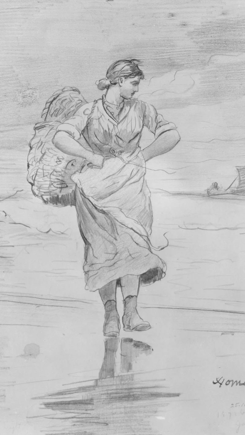 Winslow Homer — A Fisher Girl on Beach (Sketch for Illustration of 'The Incoming Tide')
