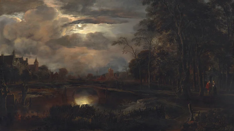 Aert van der Neer — Moonlit Landscape with Bridge