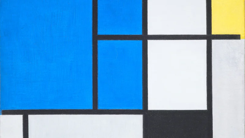 Composition avec grand plan bleu, rouge, noir, jaune et gris