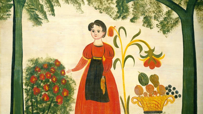 American 19th Century — Girl in Red with Flowers and a Distelfink