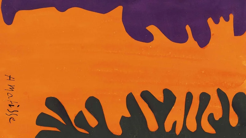 Arabesques noires et violettes sur un fond orange