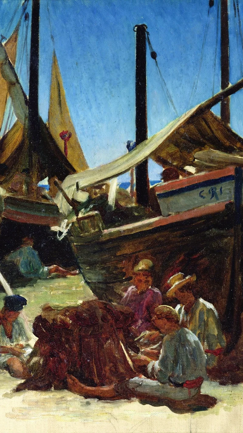 Ernest Hébert — Porto d'Anzio, fishermen spreading their nets on the beach