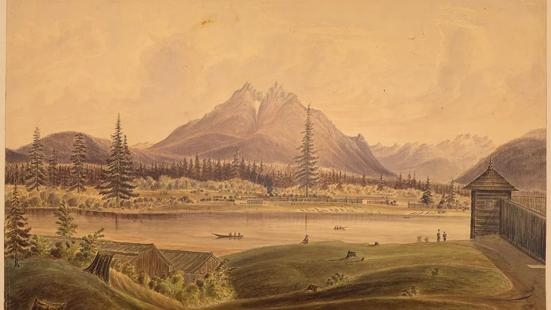 James Alden — H. B. Co. Fort Langley, left bank of Fraser River. Langley Buttes in the distance