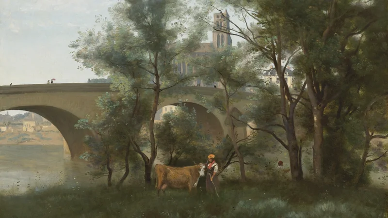 Jean-Baptiste Camille Corot — Mantes, the banks of the Seine at the foot of the bridge
