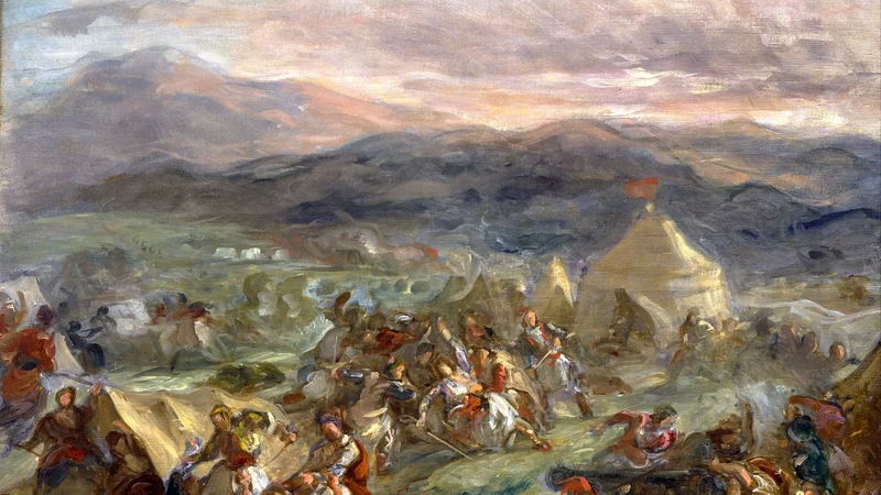 Eugène Delacroix — Botzaris Surprises the Turkish Camp and Falls Fatally Wounded