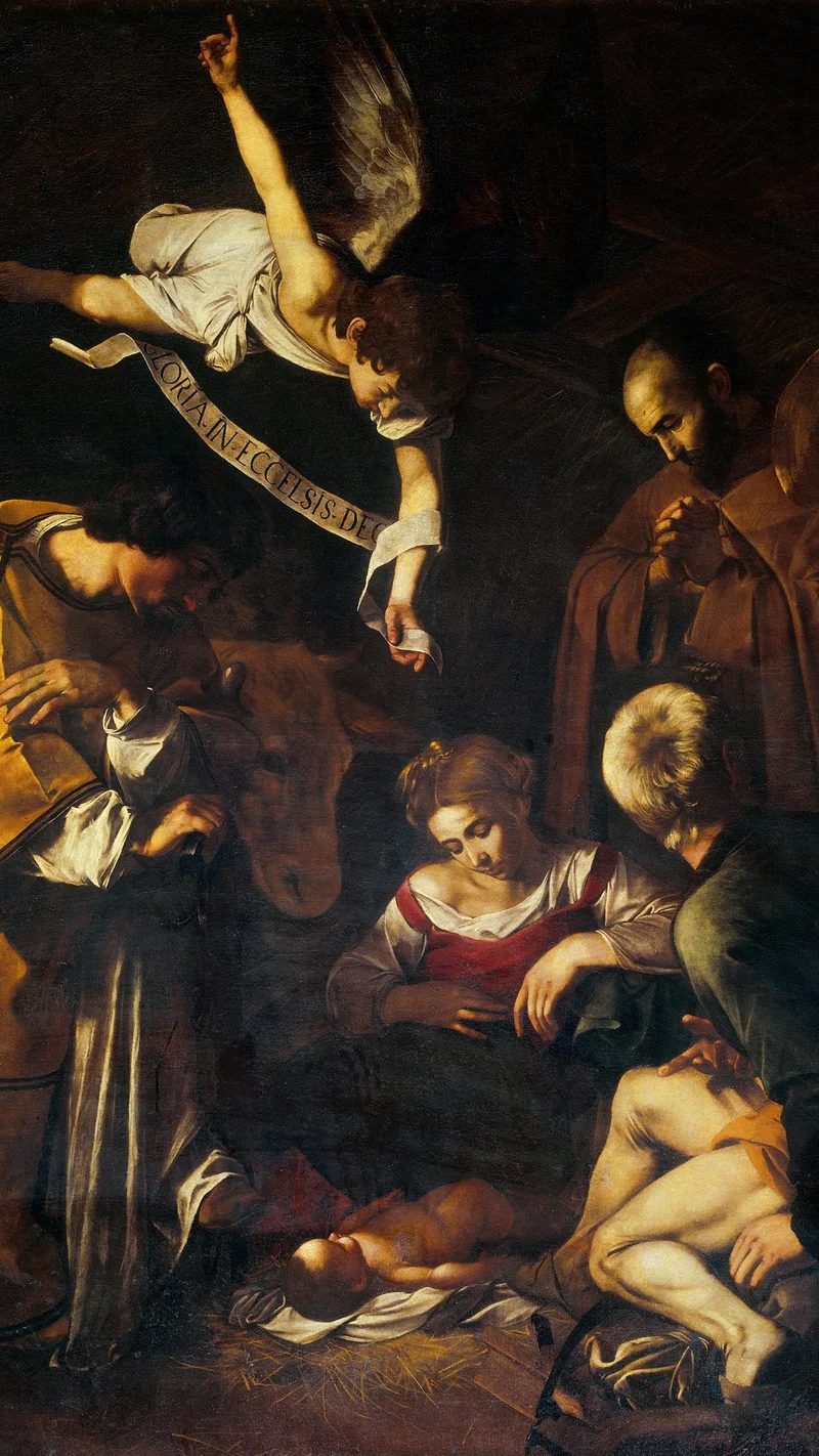 Michelangelo da Caravaggio — Nativity with Saint Francis and Saint Lawrence