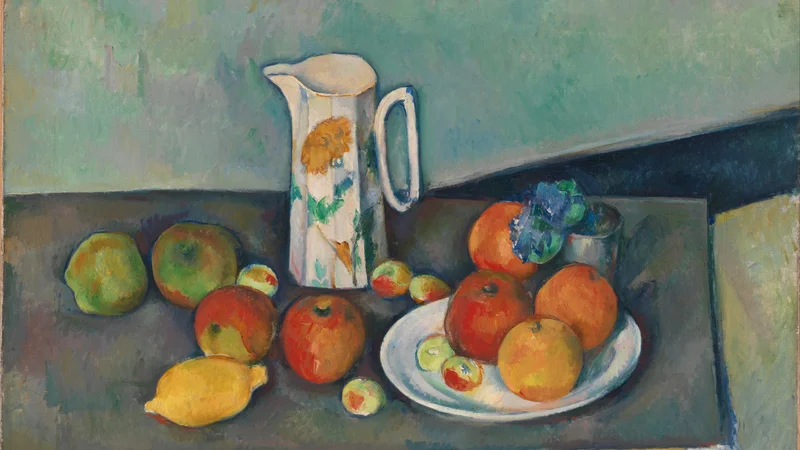 Paul Cezanne — Still life with milk pot and fruits on a table
