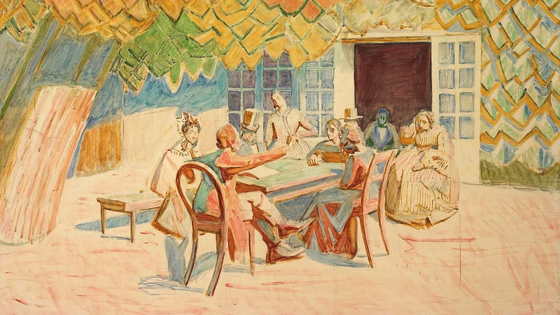 Niels Larsen Stevns — Hans Christian Andersen reciting in the garden of Jonas Collin. Study.