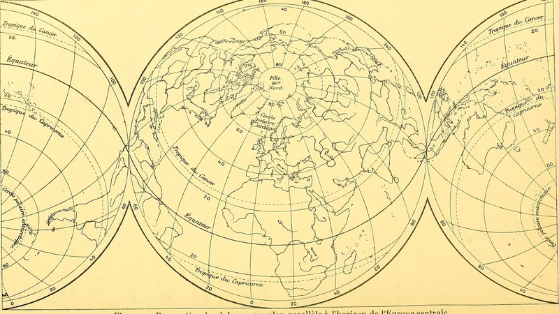 Société géologique de France — Map of the world projected onto a plane parallel to the horizon of Central Europe