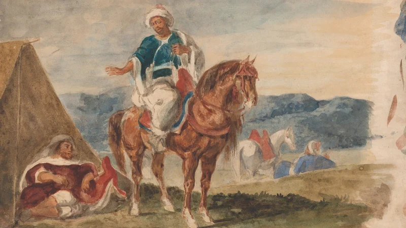 Eugène Delacroix — Three Arab Horsemen at an Encampment