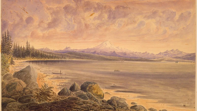 James Alden — Semiahmoo Bay, from Bluff near entrance of Mud Bay with Camp Semiahmoo, Drayton's Harbor and distant view of Mt. Baker