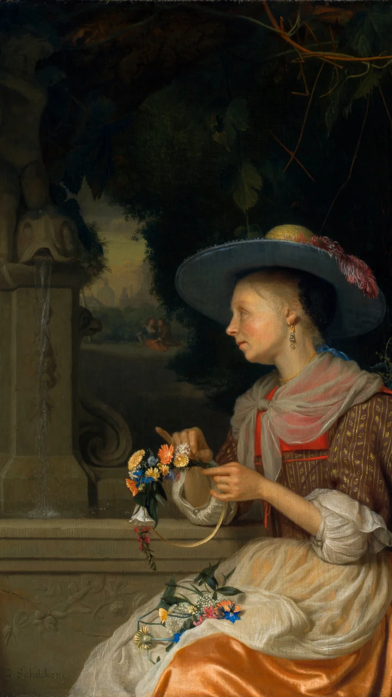 Godfried Schalcken — Woman Weaving a Crown of Flowers