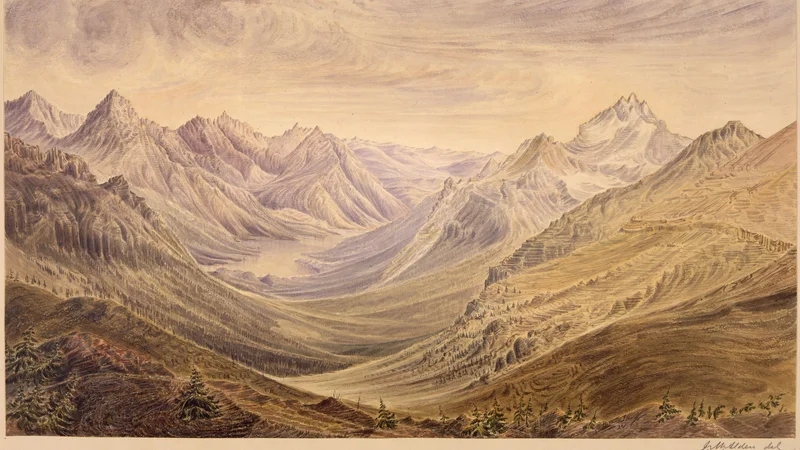 James Alden — View from Monument at summit looking W. along 49th parallel. Highest Peak Kintla Range bears S. 25. W.